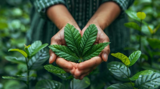 Hands holding a green sprout to grow. Environmental theme.