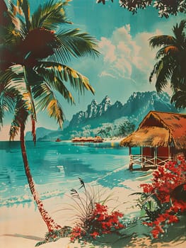 A vibrant painting depicting a tropical beach with lush palm trees swaying in the wind, set against a backdrop of crystal-clear azure waters.