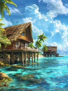 A realistic painting of a house on a tropical island surrounded by palm trees and a clear blue ocean.