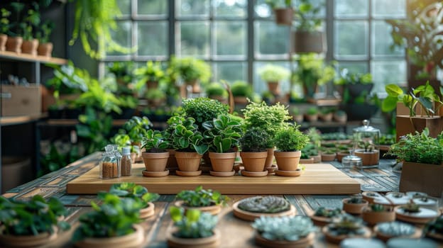 Collection of different green plants in different pots. Ecological theme.