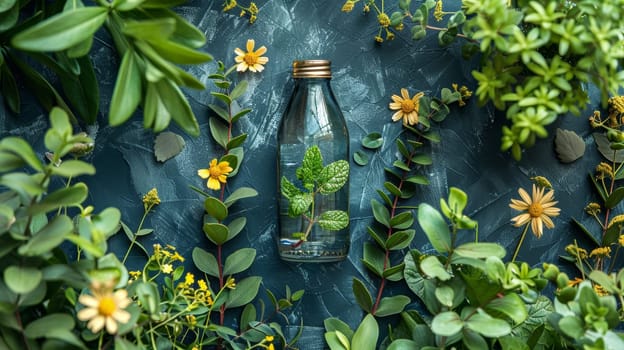 Green plant in a glass jar . Ecological theme.