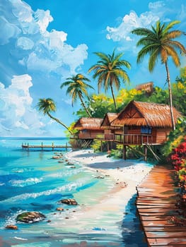 A painting depicting a tropical beach with palm trees swaying in the breeze, overlooking an azure sea.