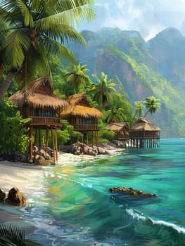 A painting featuring a tropical beach with palm trees, perfect for island resort advertisements and beach vacation promotions.