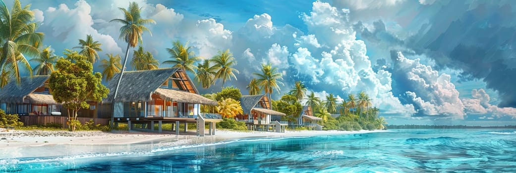 A painting featuring a tropical beach with palm trees, capturing the essence of island life with beachfront bungalows and an azure sea.