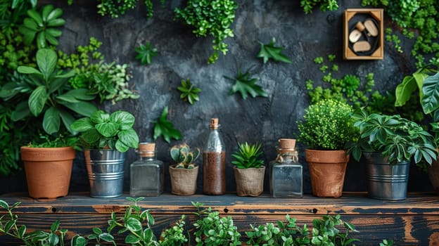 Collection of different green plants in different pots. Ecological theme.