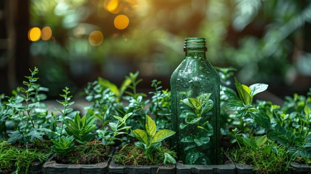 Green plant in a glass jar . Ecological theme.