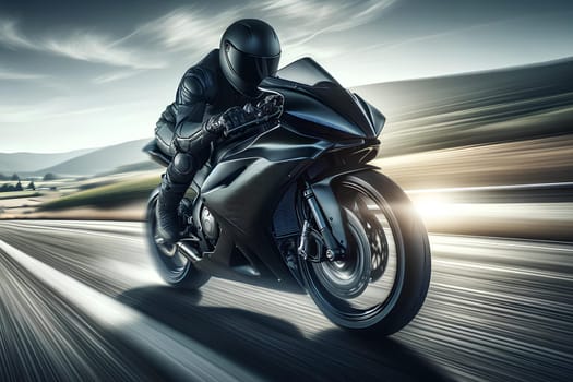 a man dressed in a black racing suit and helmet races on a motorcycle along the road.