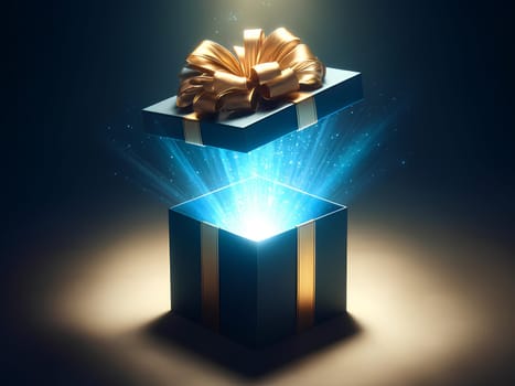 an open gift dark blue box with an untied gold bow, a bright glow emanates from the box.