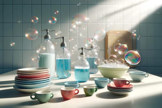 bright background with soap bubbles, detergent bottles and small dishes with cups.