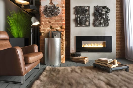 Living room interior in loft style with artificial fireplace.