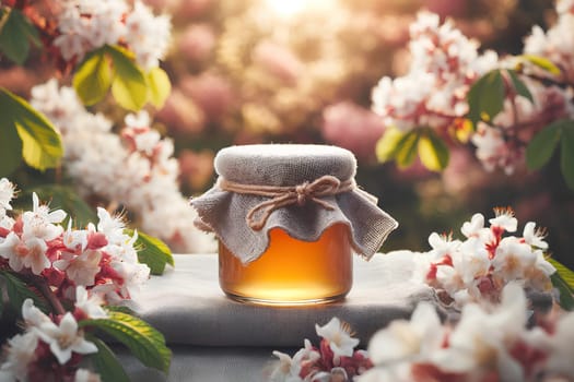 a small jar of chestnut honey covered with a linen napkin against a background of blooming chestnuts on a sunny day.