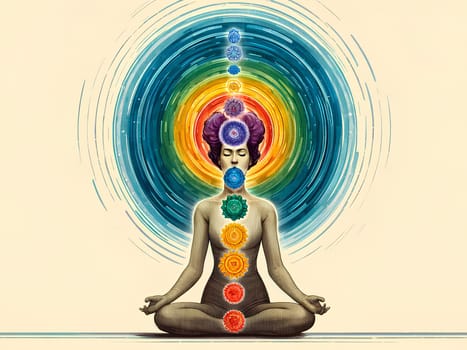 Woman in lotus position with spinning chakras meditating with eyes closed.