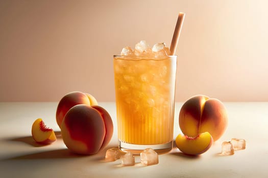 a glass of fresh peach juice with ice and a straw and fresh peaches on a light peach-colored background.