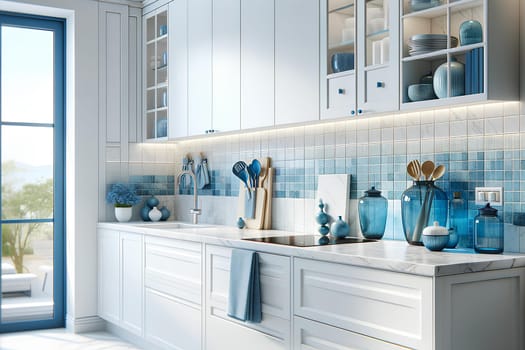 modern kitchen interior with white furniture and blue decorative elements.