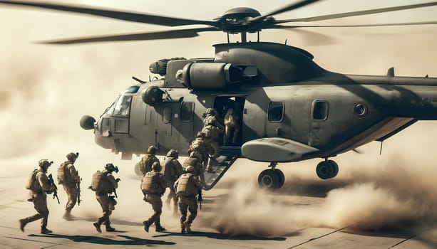 soldiers boarding a military helicopter with rotating crowbars.