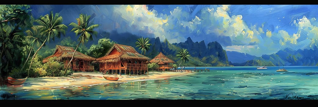A painting of a tropical island with beachfront bungalows, palm trees, and a boat floating in the azure sea.