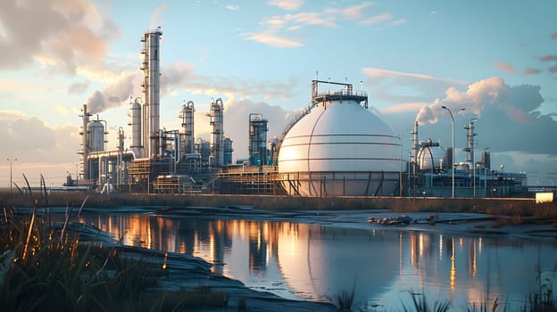 An imposing oil refinery stands next to a tranquil body of water, its facade contrasting with the natural landscape. A striking engineering feat amidst the city skyline