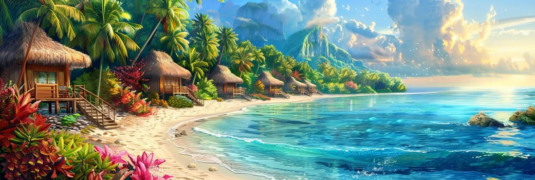 A painting showcasing a tropical beach with beachfront huts under a blue sky.