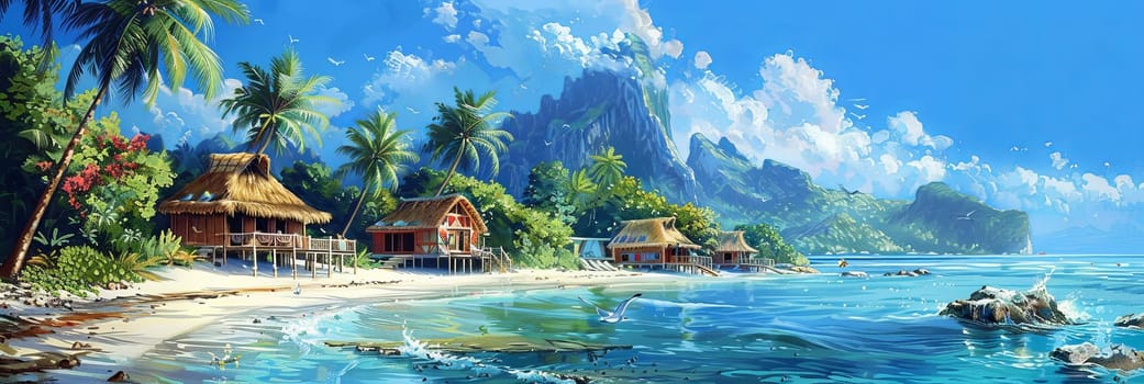 A painting depicting a tropical beach with colorful houses and swaying palm trees along the azure sea.