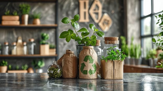 Collection of different green plants in different pots. Ecological theme.