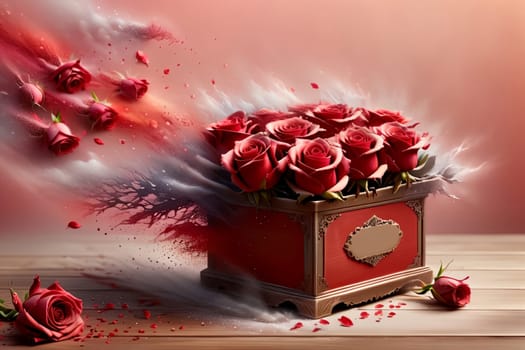 box with beautiful red roses .