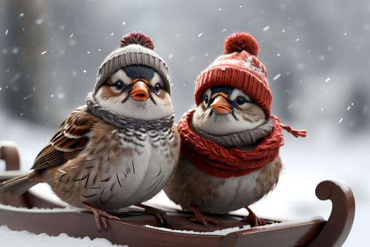 Birds in love in a hat and scarf in winter walk on the street .