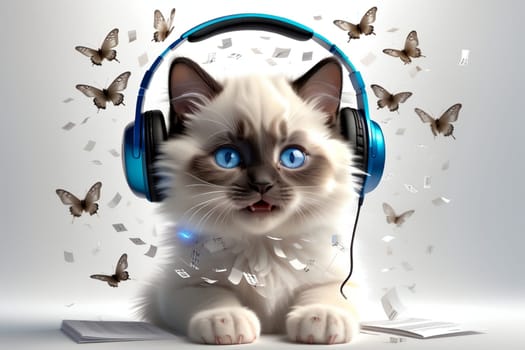 cute cat wearing headphones listening to music .