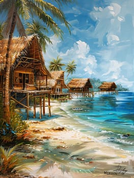A painting depicting a tropical beach scene with a hut and palm trees under a clear blue sky.