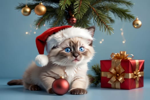 Beautiful young Ragdoll kitten against the background of a Christmas tree.