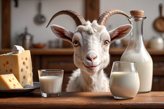 cute goat looking at milk in a glass and dairy products .