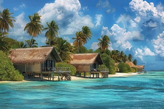 Painting of a tropical island with a thatched roof bungalow overlooking the azure sea.