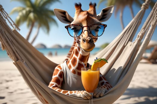 happy giraffe on the beach in summer drinking a cocktail .