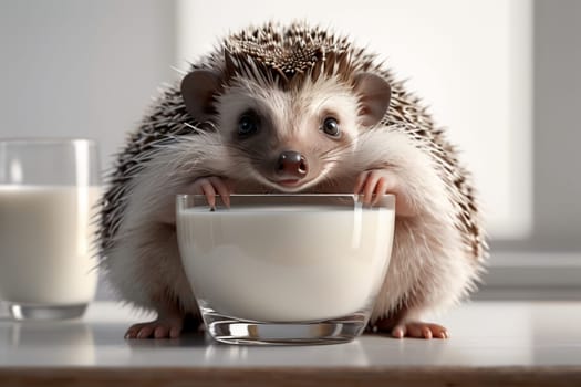 cute beautiful hedgehog and fresh milk in a glass on a white background .