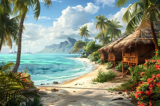 A vibrant painting depicting a tropical beach lined with lush palm trees under a clear blue sky.