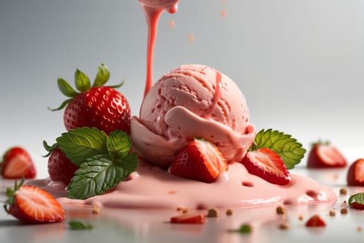 strawberry ice cream with strawberry syrup and mint .