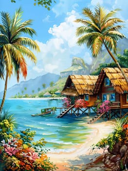 A painting depicting a tropical beach with a hut, palm trees, and azure sea.