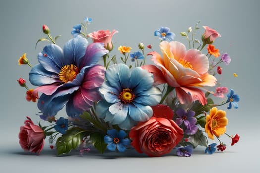 bouquet of bright multi-colored flowers isolated on a blue background .