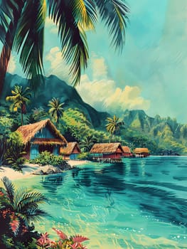 A painting depicting a tropical beach with palm trees under a blue sky.