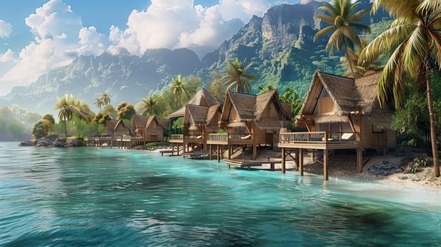 A row of huts sits on a beach next to the ocean with azure waters.