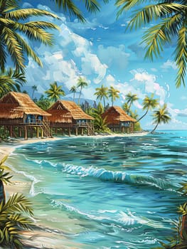 A painting featuring a tropical beach with palm trees, capturing the essence of island life with azure sea and beachfront bungalows.