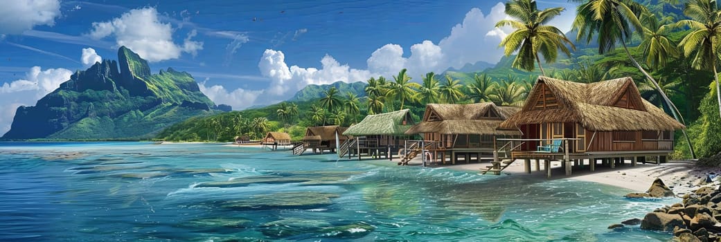 A painting featuring a tropical beach with huts overlooking the azure sea, depicting island life and relaxation.