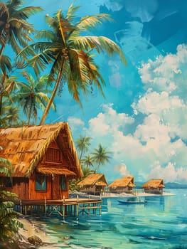 Painting of a tropical beach with a hut, palm trees, white sand, and clear blue sea.