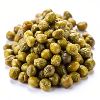 Closeup of a pile of pickled capers on a white background. AI generated image