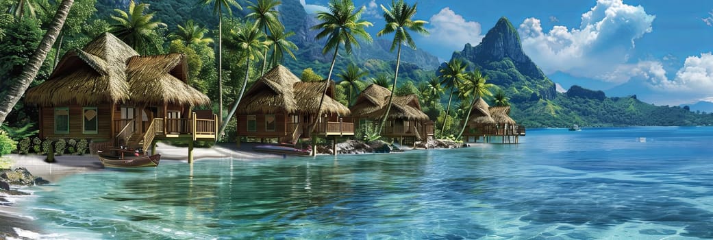 A painting showcasing a tropical beach with beachfront huts, palm trees, and the azure sea in the background.