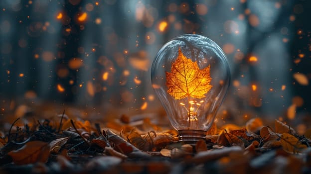 The autumn foliage is insulated in a glass bulb. Environmental concept.