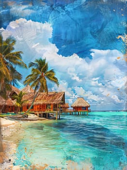 A painting showcasing a tropical beach with palm trees swaying in the breeze.