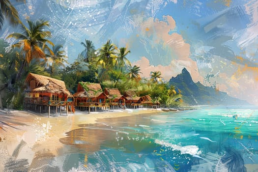 A painting depicting a tropical beach with bungalows along the shore and a clear azure sea under a blue sky.