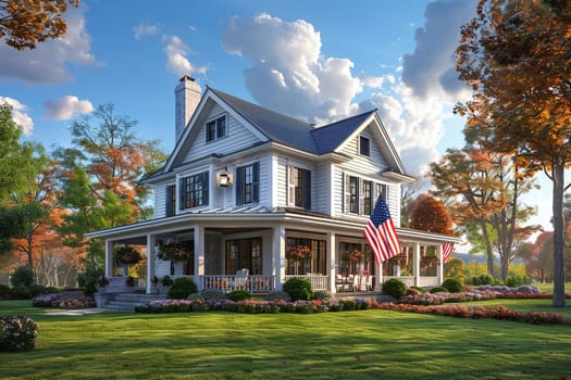 A beautiful two-story American-style house on a green lawn with a usa flag.