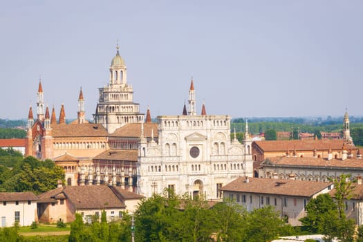 Aerial shot of Certosa di Pavia cathedral a historical monumental complex that includes a monastery and a sanctuary. Pavia ,Italy.