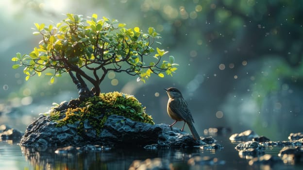 A green tree and a bird on an island in the middle of a lake. Environmental concept.